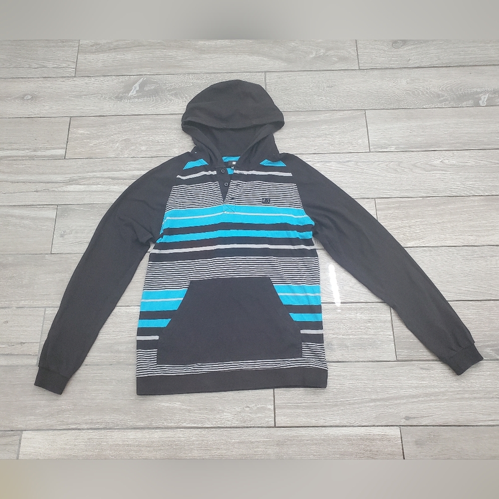 DC men's casual black blue gray striped cotton pull-over hooded sweater size M